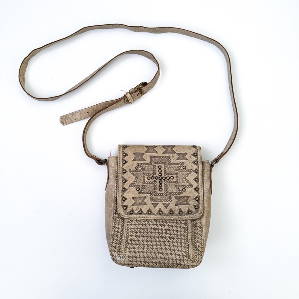 American West Studded Beige Cream Leather Crossbody with Cross